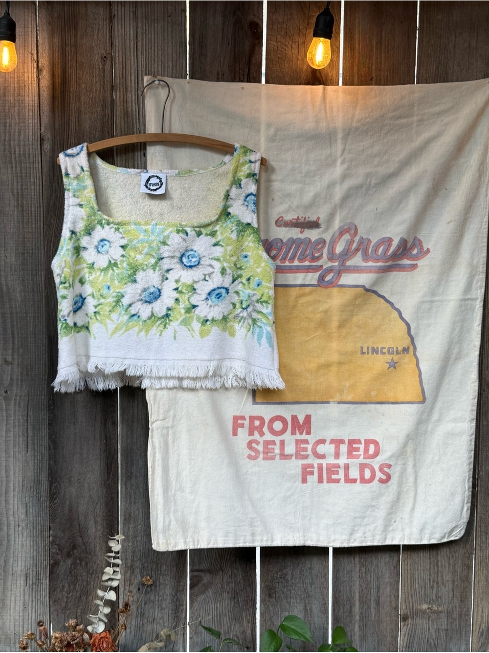 Handmade vintageTerry Floral Fringe Crop Tank Top - White & Green